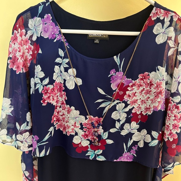 NWOT Floral Navy Dress with Sheer Floral Overlay, Cape Style & Perfect Details - Picture 2 of 12